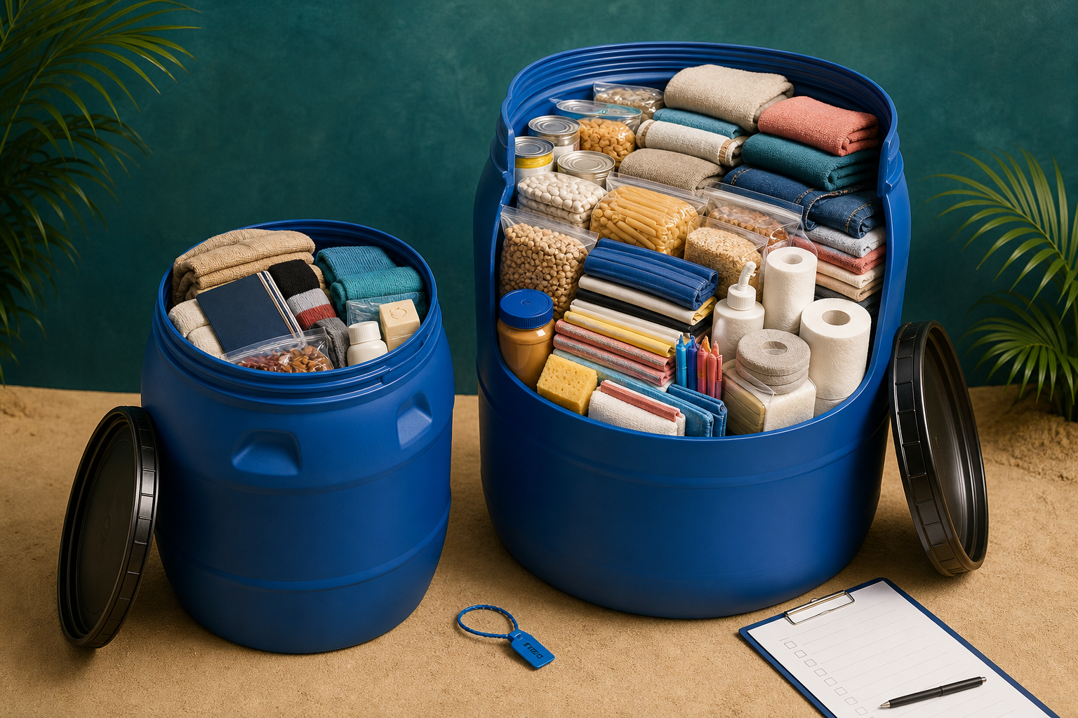 Concept view of a smaller U.S. care barrel and a standard Caribbean barrel packed with useful new goods