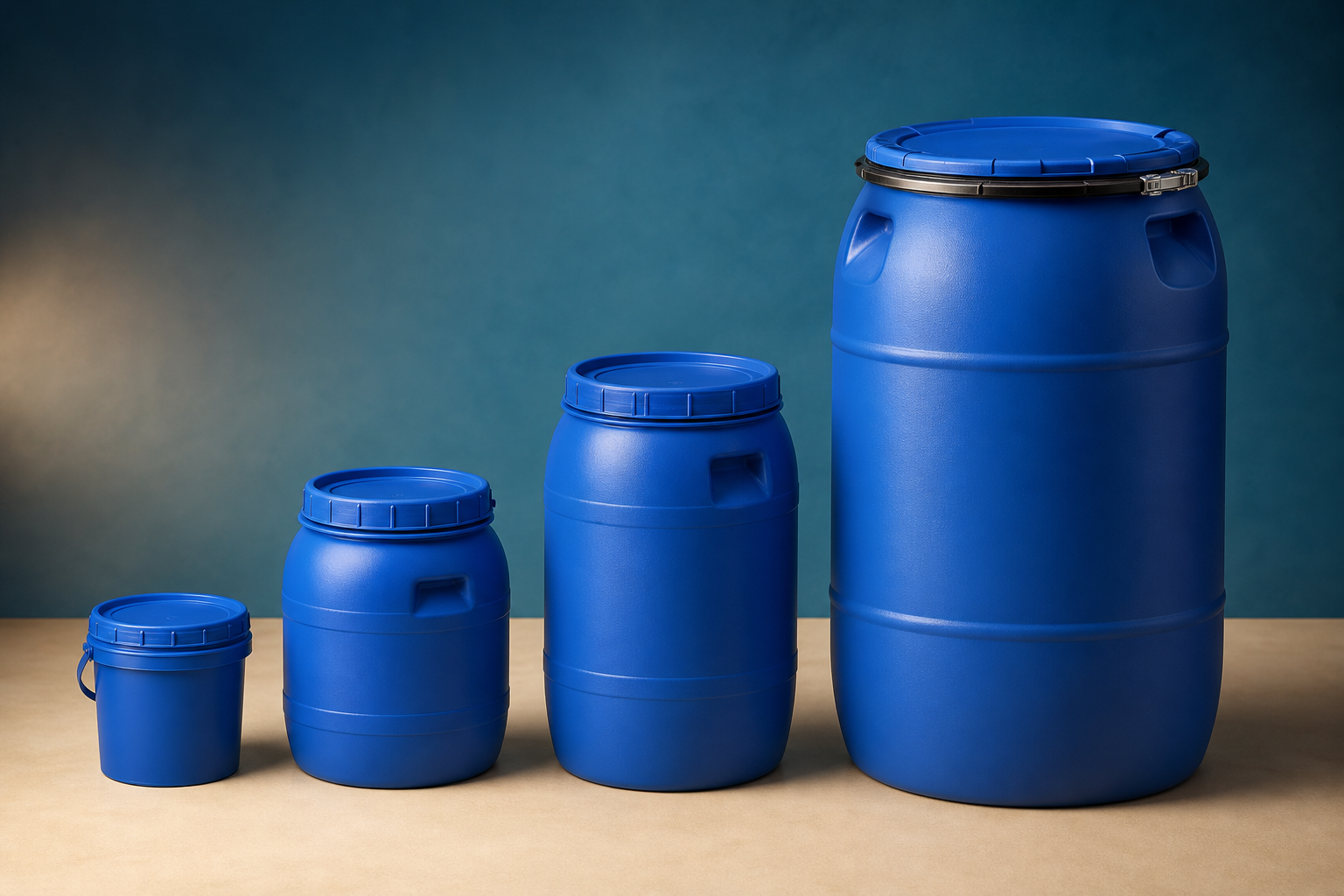 Concept lineup comparing approximately 1, 4, 7 and 55 gallon blue reusable barrel formats